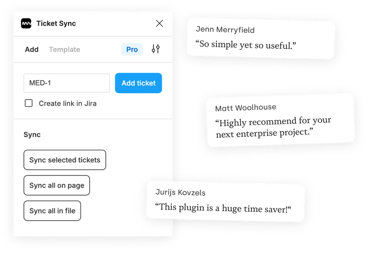 The Ticket Sync plugin panel in Figma next to quotes from three users